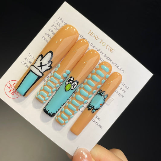 Handmade Press On Nails Extra-Long Coffin Blue-green cartoon