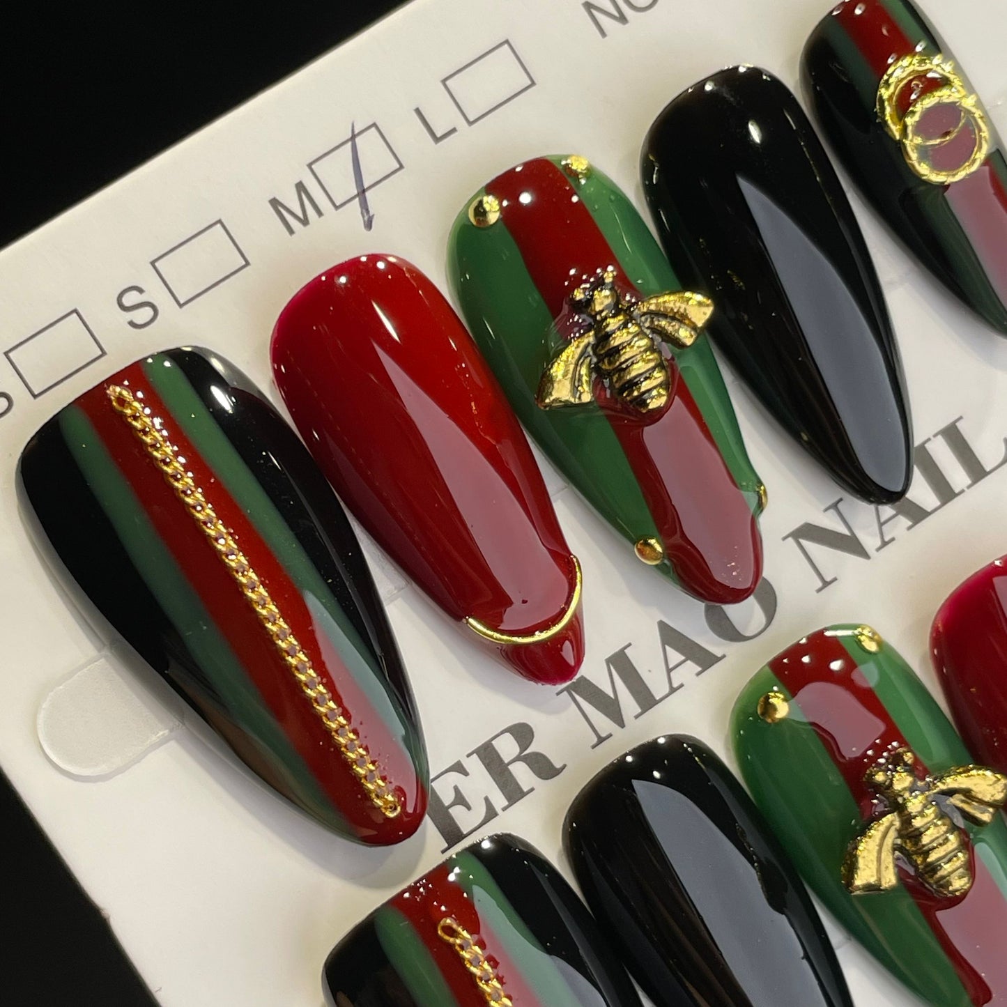 Handmade Press On Nails Long Stiletto Gucci bee