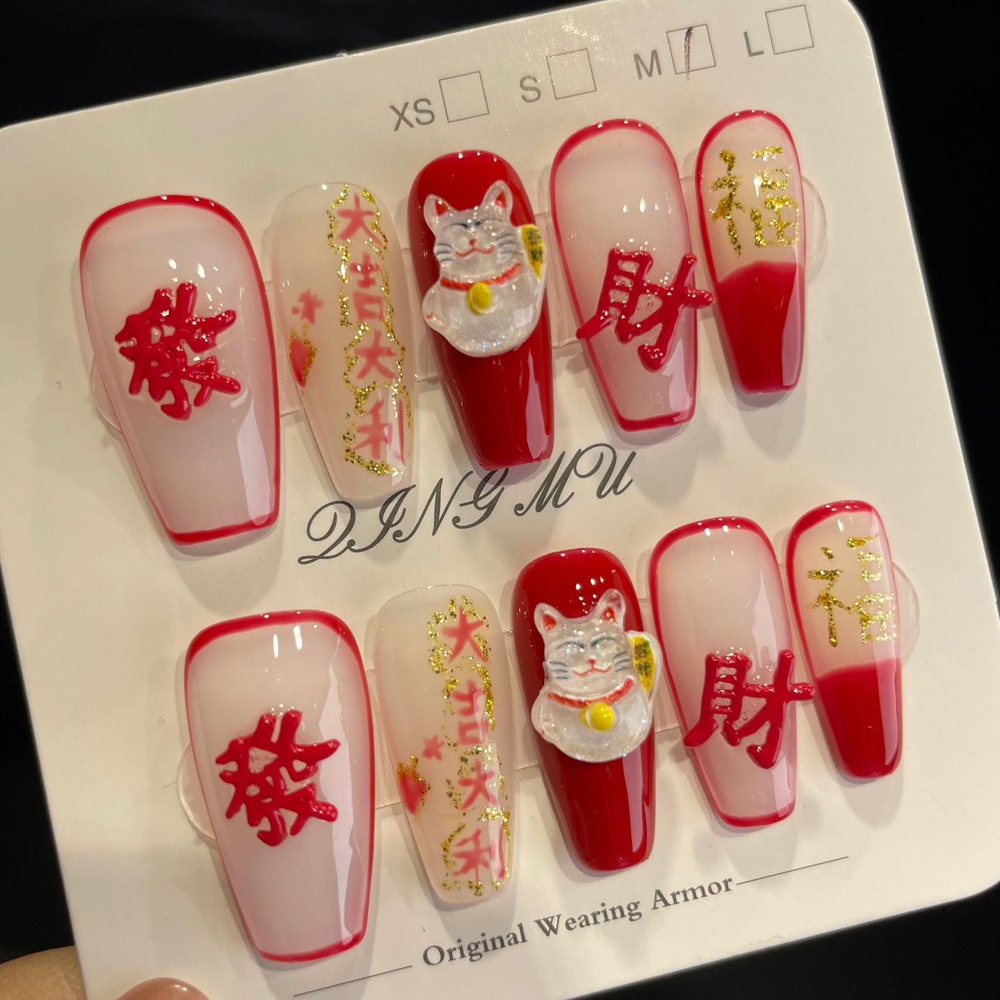 Handmade Press On Nails Long Coffin Lucky cats get rich-QingM