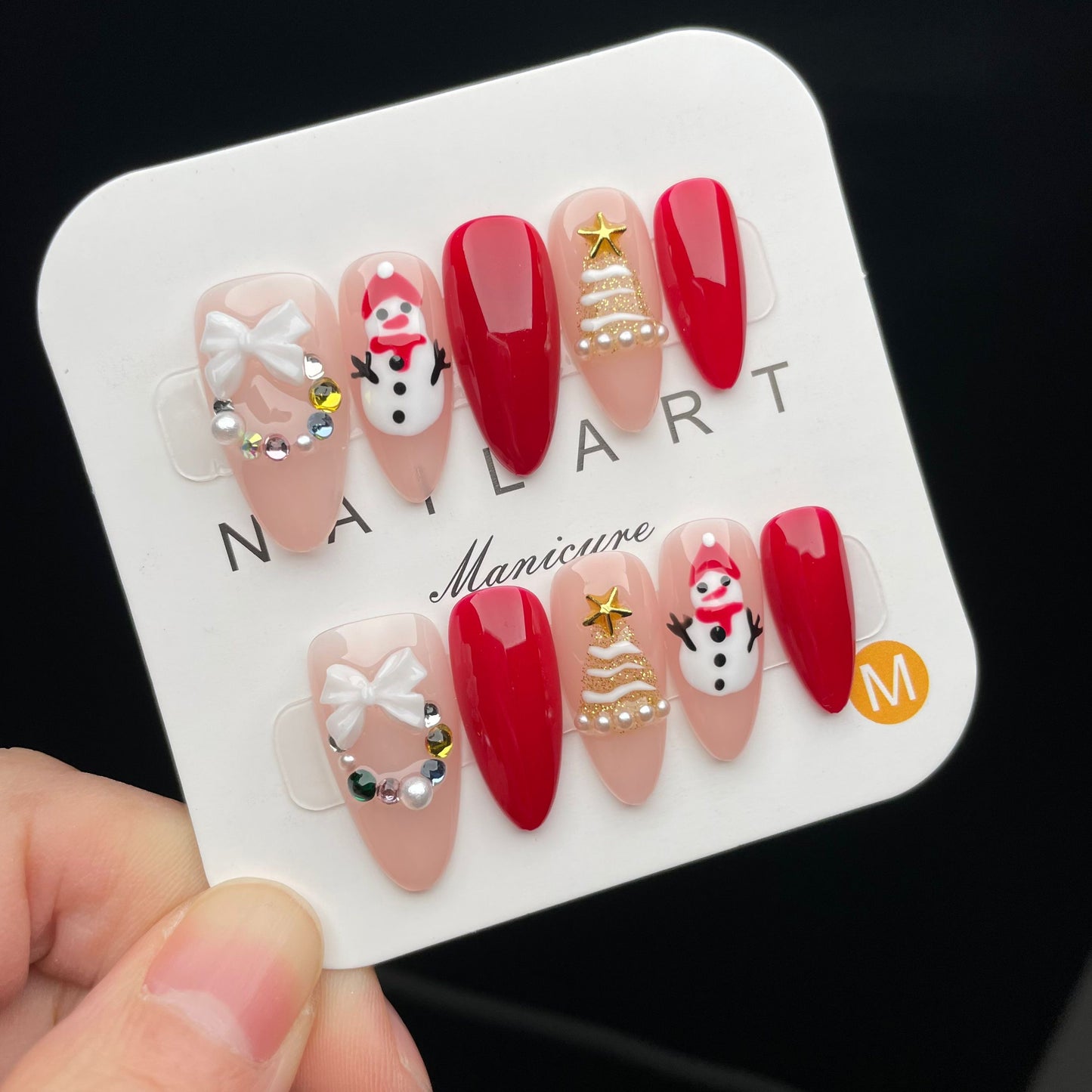 Handmade Press On Nails Medium Almond Christmas snowman