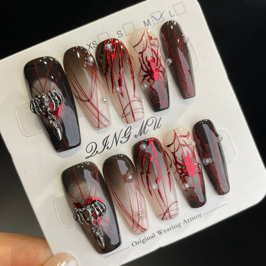 Handmade Press On Nails Long Coffin Red black spider