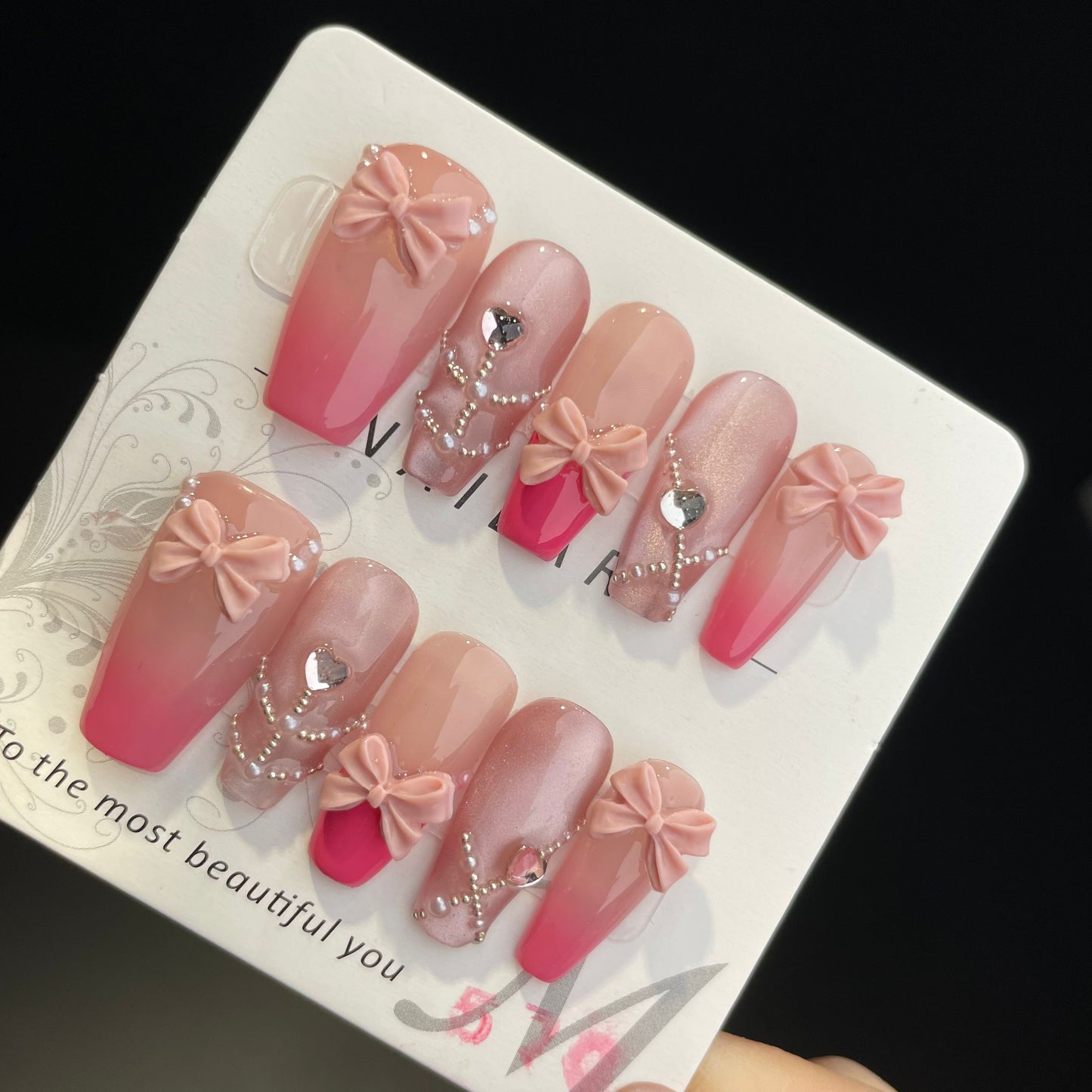 Handmade Press On Nails Long Coffin Pink cat eye bow-DaiRS