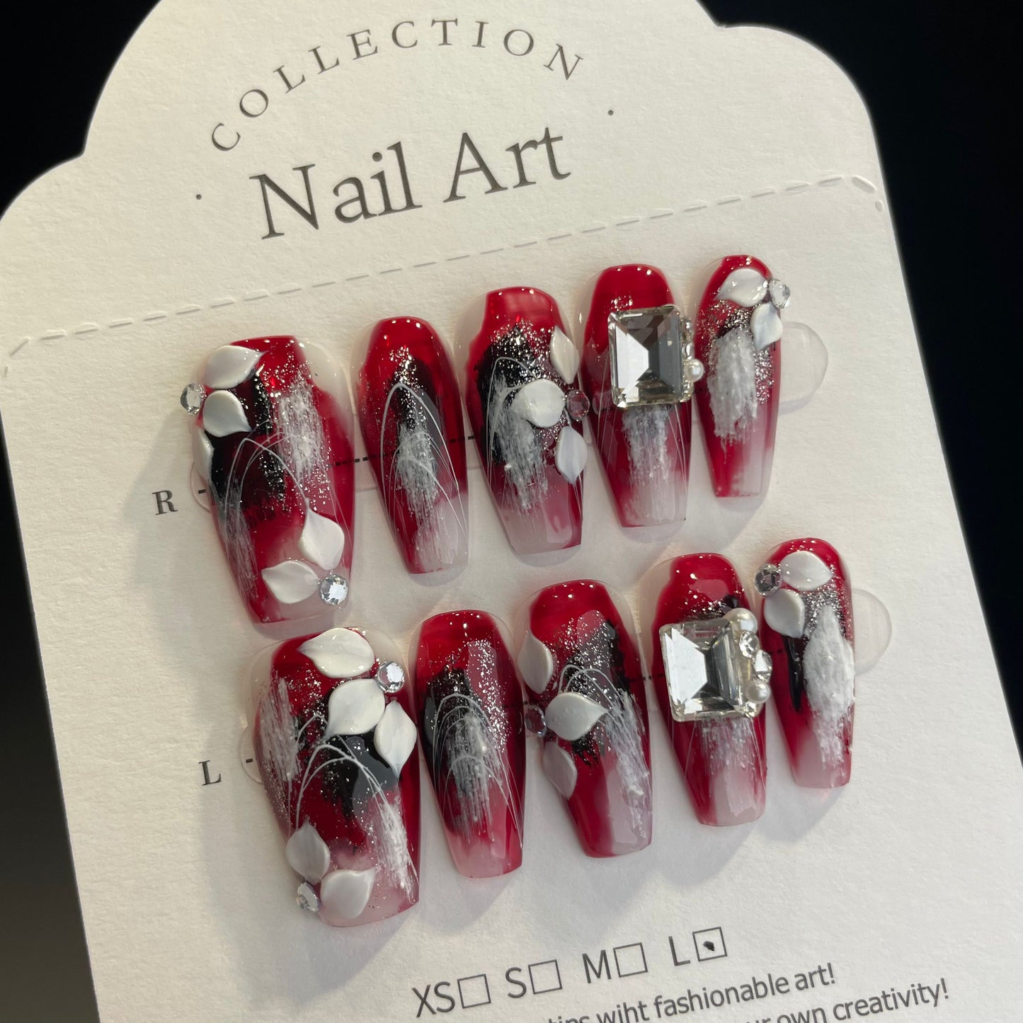 Handmade Press On Nails Long Coffin Black and red flowers