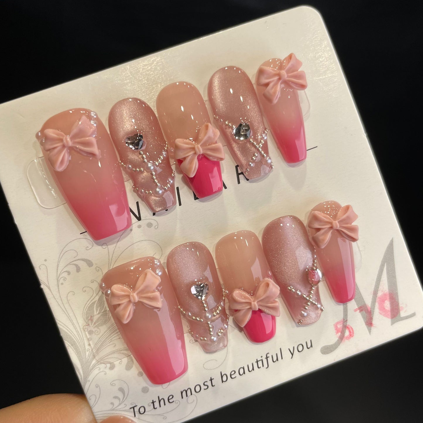 Handmade Press On Nails Long Coffin Pink cat eye bow-DaiRS