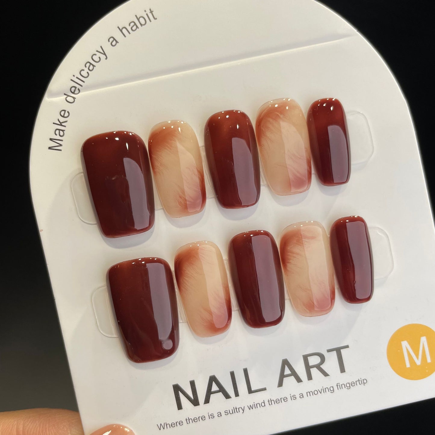 Handmade Press On Nails Medium Coffin Red marble