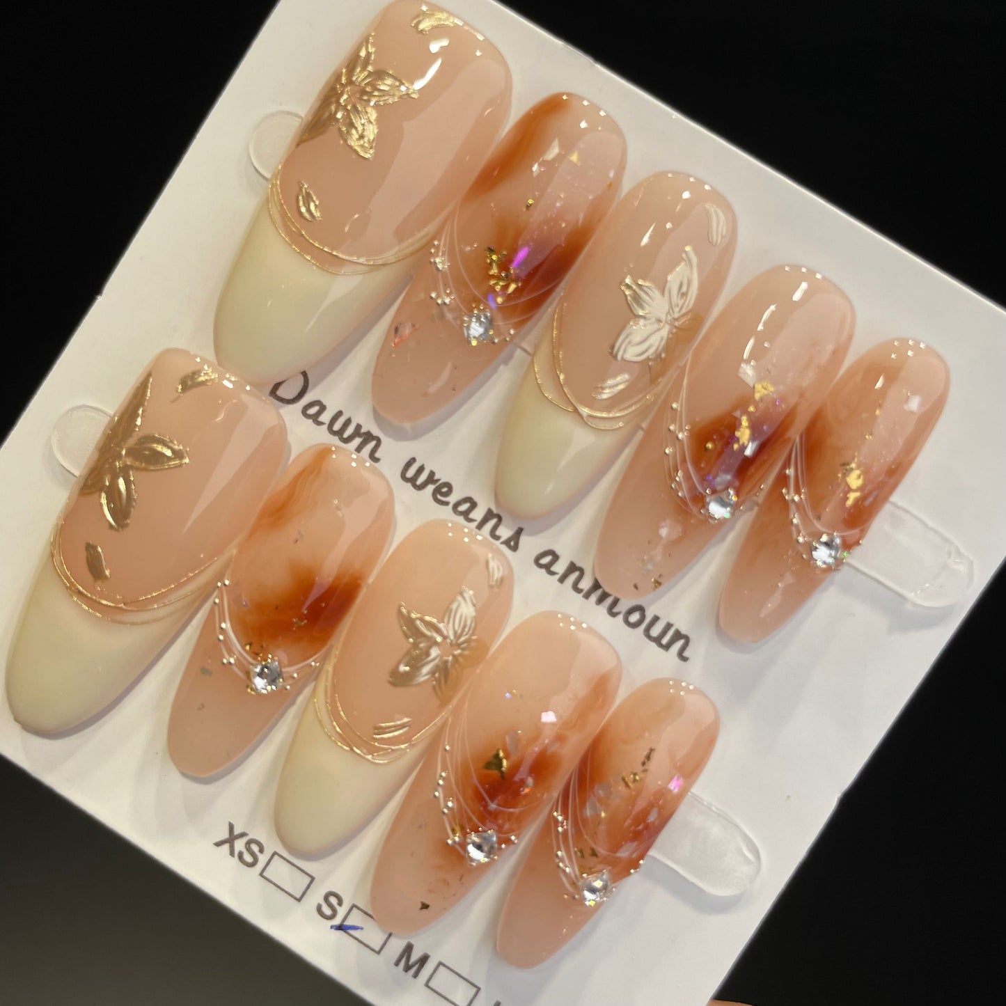 Handmade Press On Nails Long Almond Golden autumn-XiXX