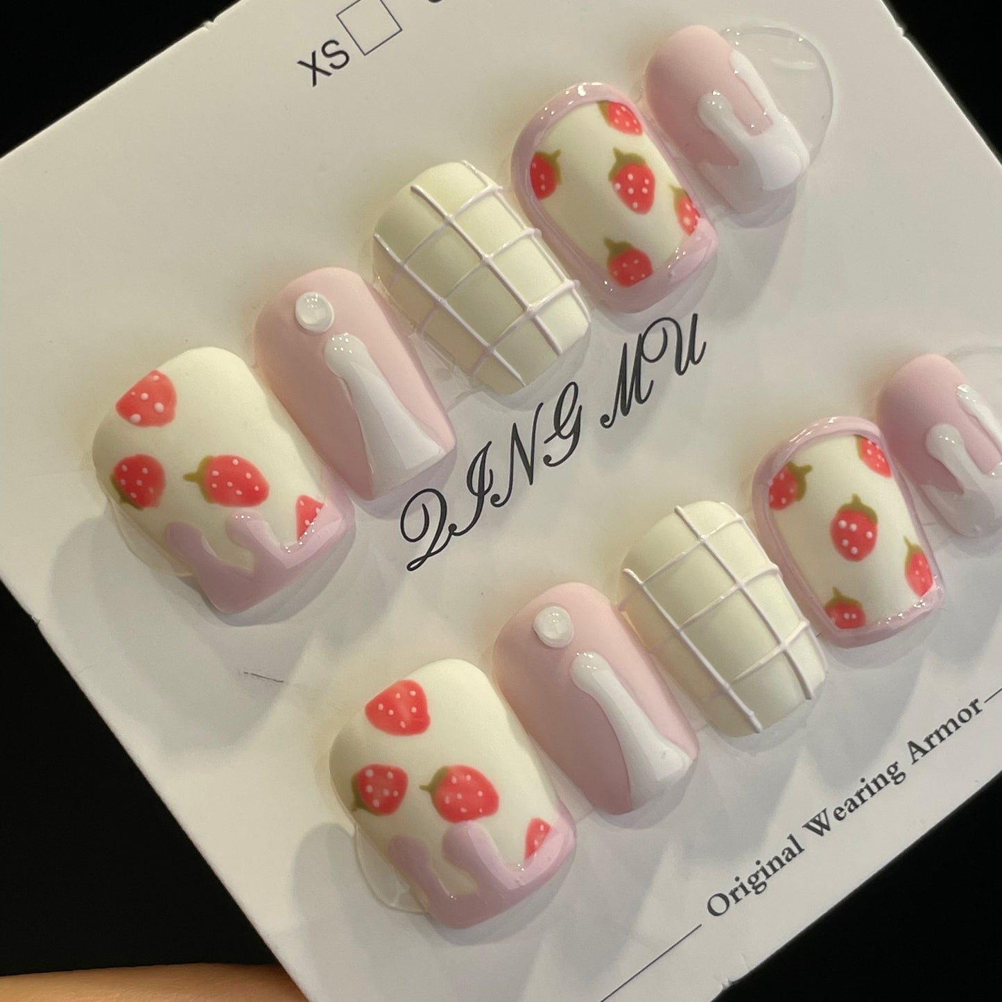 Handmade Press On Nails Short Square Strawberry milk