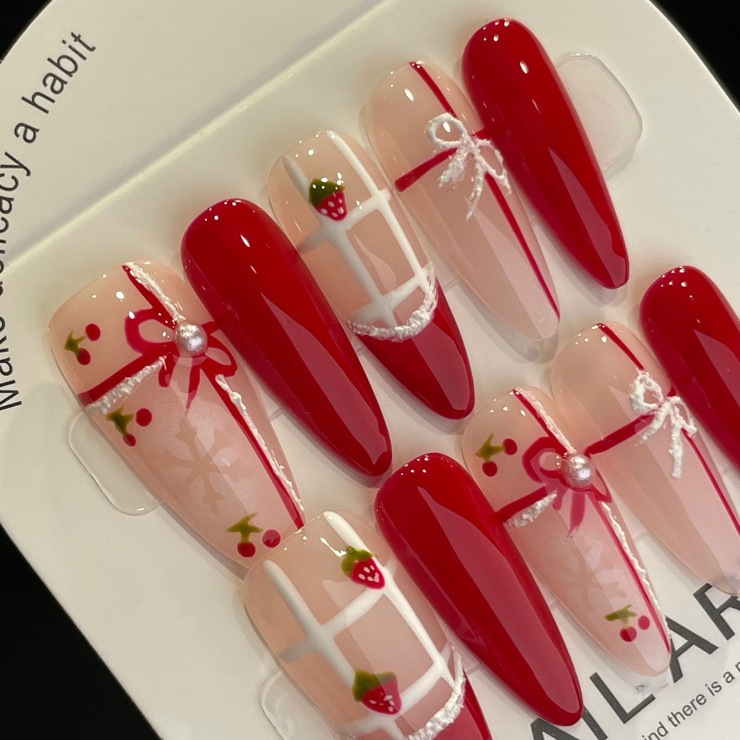 Handmade Press On Nails Long Stiletto Strawberry gift set