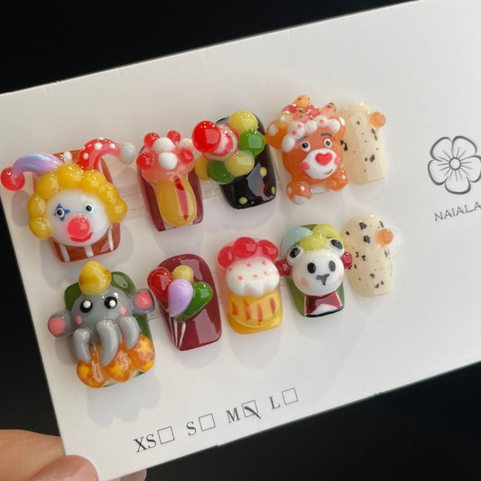 Handmade Press On Nails Short Coffin Handmade Clown animal circus-DaH