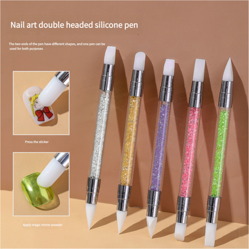 Silicone Nail Art Pen - Multifunctional Double-Headed Tool for Mirror Powder Application, Sticker Pressing, Carving, Glue Mixing & Gradient Design